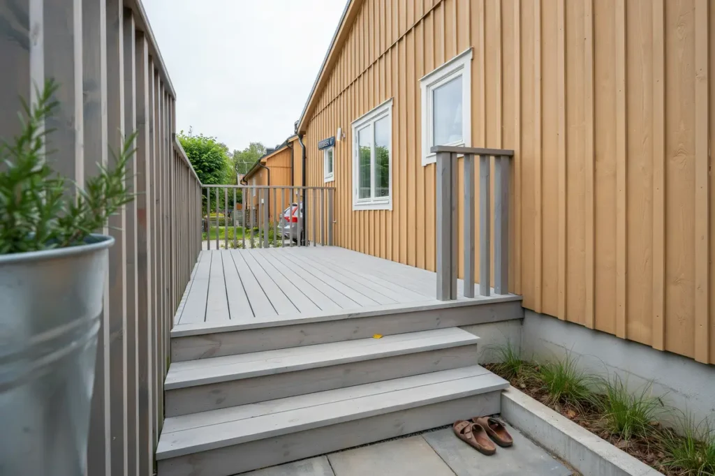 altanbygge med r cke och trappa vid radhus i huvudsta